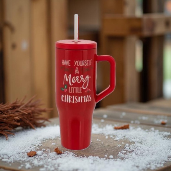 Red Christmas Travel Mug / Red Christmas Tumbler with Straw - Picture 6 of 11